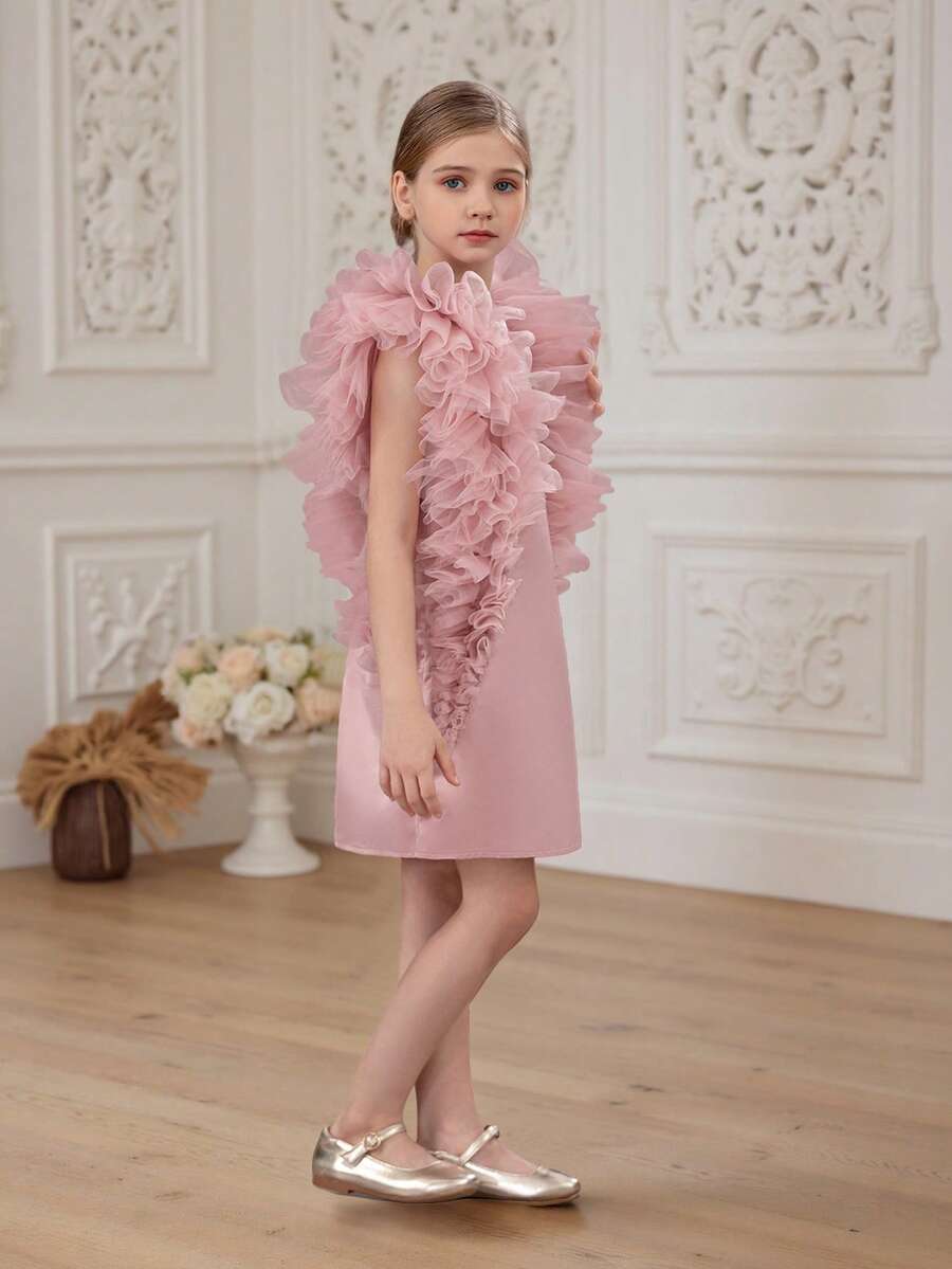 Young Girl Tulle Cap Sleeve Party Dress, Elegant Princess Dress Suitable For Girls As Flower Girl Dress, Birthday Gift, Wedding, Banquet, Prom, Flower Girl Wedding Attire, Holiday Celebration Dress - Dusty Pink - View 1