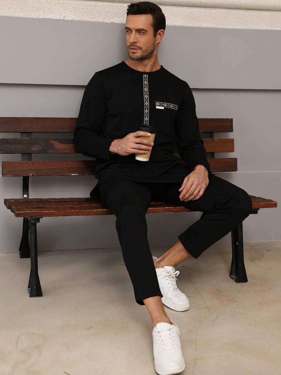 Muslimische Kleidung schwarzes Vollhemd und Hosen 2-teiliger afrikanischer Herrenanzug Kafatan, elegantes Oberteil ohne lange Ärmel und Hosen, vollständiger Luxusanzug für Herren Hochzeit