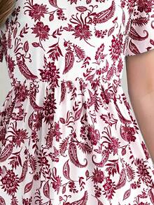 波西米亚风佩斯利印花短袖中长连衣裙,女童假日休闲连衣裙,夏季礼物 - 紅色 - 查看 6