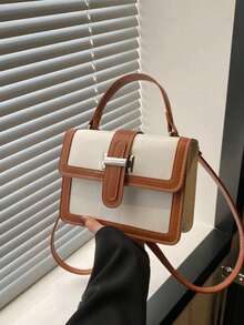 迷你时尚女士绗缝翻盖手提包，休闲单肩斜挎方包，可装手机和口红，撞色设计，通勤百搭 - 彩色 - 查看 8