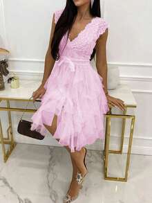 Look Polly Summer Women Dresses,Solid Color Lace Top And Mesh Skirt,Wedding Women Dresses Fall Women Clothes, Back To School Clothes,Party Women's Backless Dress Prom Dress,Elegant V-Neck Sleeveless Long Dress