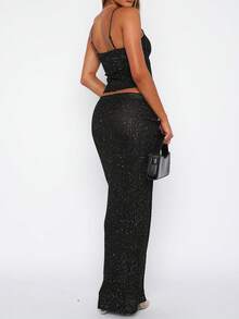 Two Piece Skirt Set For Women Sparkle Sleeveless Spaghetti Strap Scoop Neck Cami Tops Bodycon Maxi Long Skirts Sets Glitter Night Out Outfits Clubwear Party Dresses - 黑色 - 查看 3