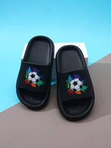 Kids EVA Foam Slippers, Lightweight Non-Slip Soft Soles Football Design, Comfortable Home/Casual Slip-On, Quick Drying, Solid Color, Thick Sole, Suitable For Boys & Girls, Beach Sandal - Black - View 5