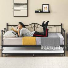 Metal Daybed With Trundle Bed, Twin Size Day Bed With Headboard And Heavy Duty Steel Slats Support, Mattress Foundation Platform Sofa Bed, For Living Room, Bedroom, Easy Assembly