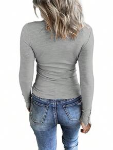 Women's Long Sleeve Henley Shirts Button Down Tops Scoop Neck Ribbed Knit Shirts - 淺灰色 - 查看 2