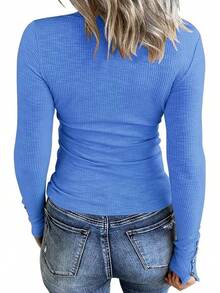 Women's Long Sleeve Henley T Shirts Button Down Slim Fit Tops Scoop Neck Ribbed Knit Shirts/Vacation Outfits Women/Valentine Outfits For Women - 淺藍色 - 查看 2