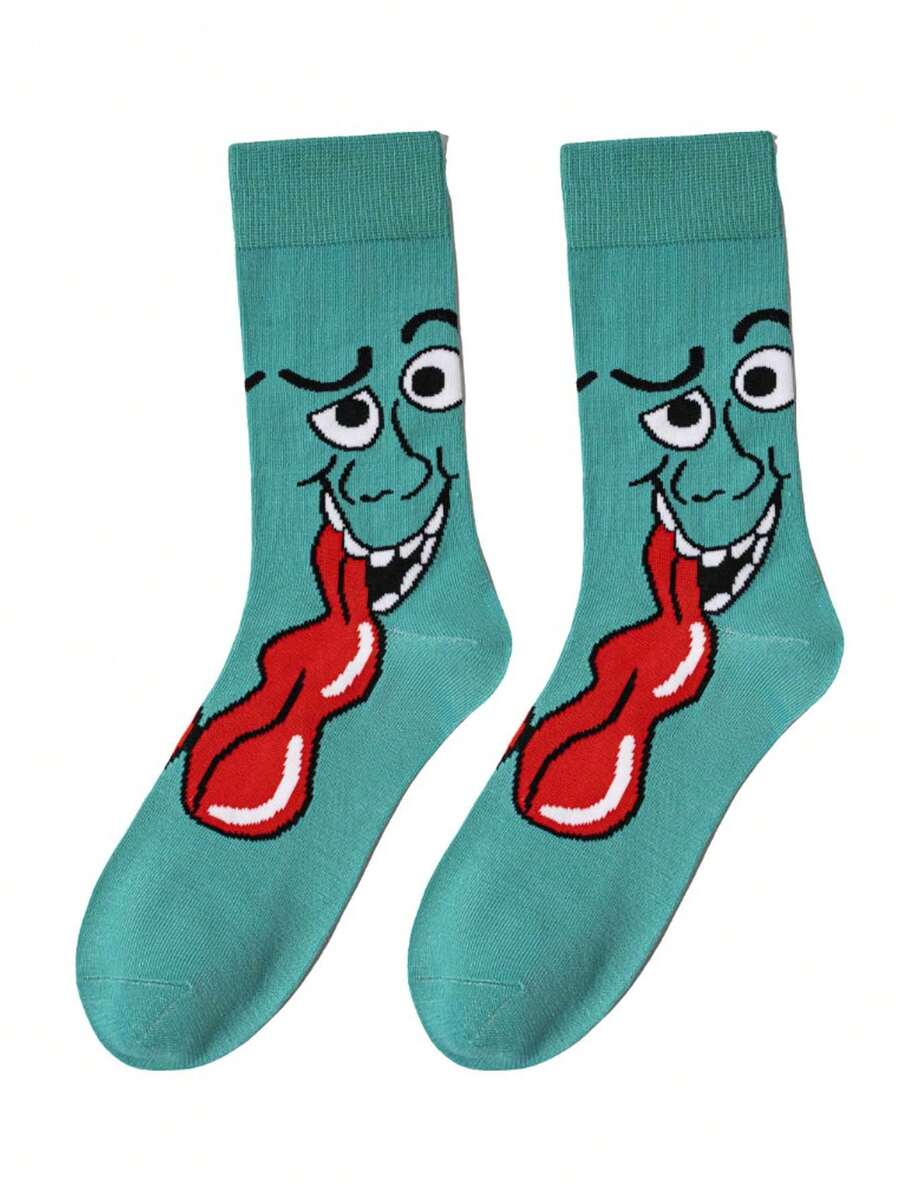 1 双男士卡通人物图案趣味袜子，适合日常休闲穿着，派对和社交活动的完美礼物，秋冬男女必备袜子 - 彩色 - 查看 1