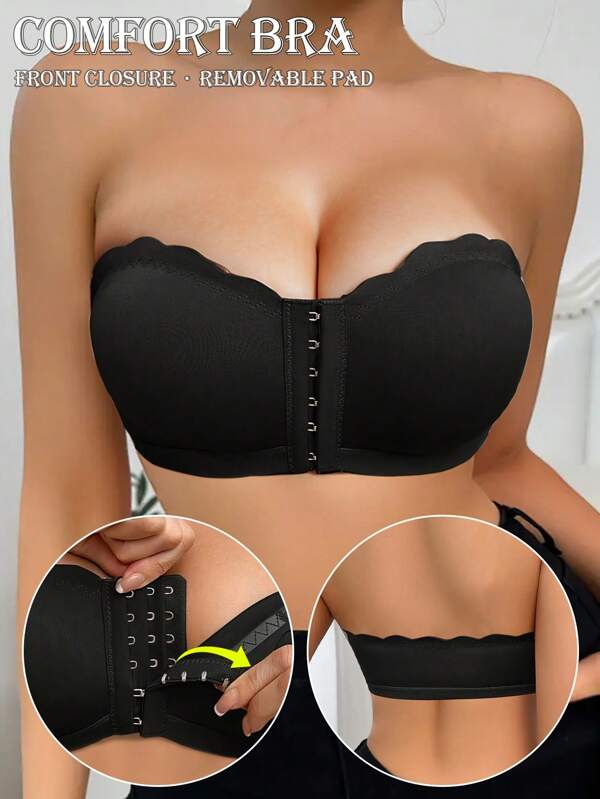 Sutien tip bandeau cu push-up, confort sexy, fără bretele, pentru femei, cu închidere frontală, fără fir, lenjerie de corp, cu tub, cu margine ondulată, fără vedere