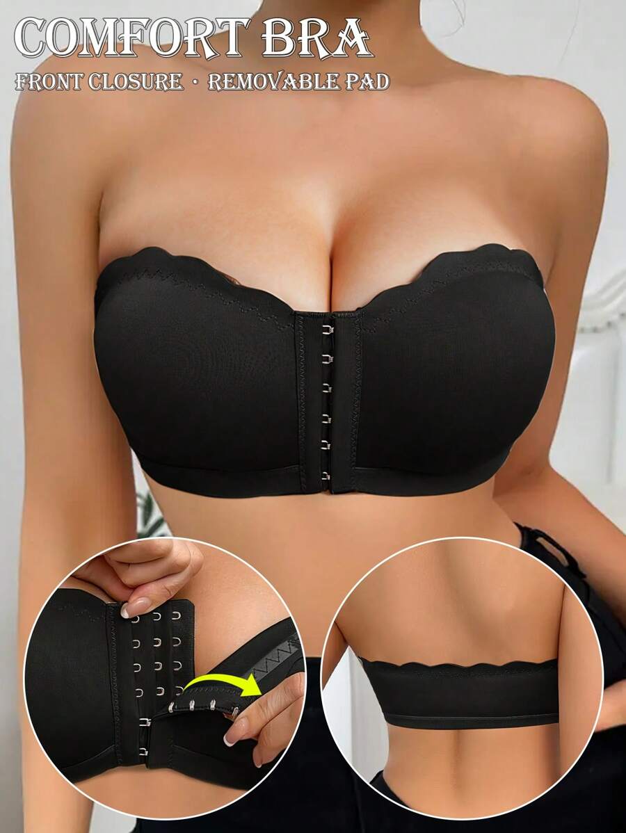 Sexy Comfort Push-Up Bandeau Bra Strapless For Women Front Closure Wireless Underwear Tube Top Wavy Edge No Show Bralette Bandeau Adjustable Scallop Trim Lingerie Breathable Everyday Lingerie & Underwear For Women
