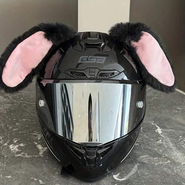 2pcs Adult Helmet Accessories - Cute Rabbit Ears, Soft Plush Pink And Black, Foldable Design For Adults, Perfect For Ski Helmets, Motorcycle Accessories, Etc
