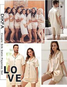 Matching Silk Satin Pajamas Set For Couple Short Sleeve Sleepwear For Women&Men 2pcs Pjs Set Button-Down Nightwear Sethalloween - 香檳色 - 查看 6