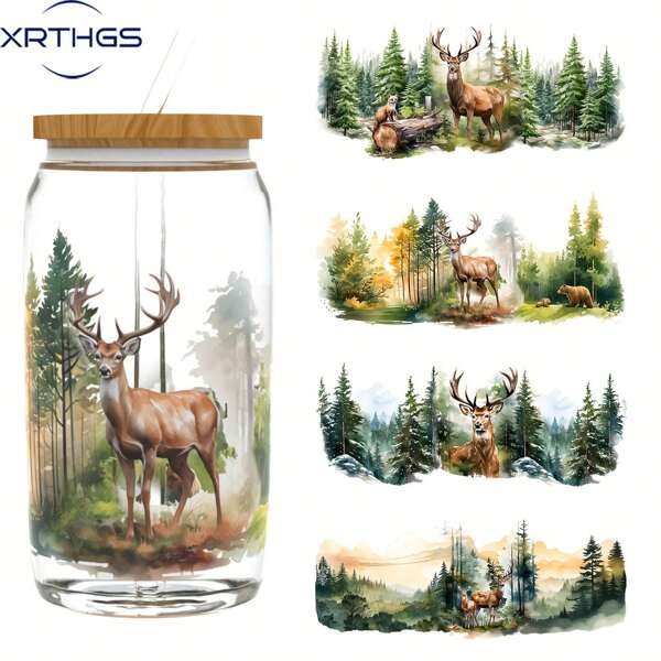 XRTHGS XRTHGS 4PCS/SET UV DTF Transfer Stickers Deer Style UV DTF Cup Wrap Suitable For Glasses, Notebooks, Computers, Tables And Chairs, Etc. For DIY Creativity, High Viscosity UV DTF Cup Sticker(Glass Not Included)