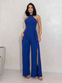 Macacão Longo Feminino Social Pantalona Festa Frente Unica - Azul Royal - Visão 2