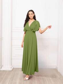 Bridesmaid Long Evening Dress With Short Sleeve Wrap Neckline And Side Slit Simple Elegant Party ElegantElegance Shiny Zipper Ruffle Side Slit Bridesmaid Wedding Party Birthday Party Graduation Party Formal & Evening Wedding Guest Prom - Màu xanh Ô liu - Xem 1