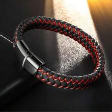 经典简约男士皮革手链，朋克皮革腕带，钛钢编织皮绳