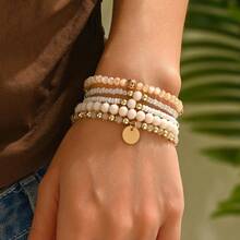 Fashionable And Elegant Alloy Disc Pendant Bracelet Crystal Resin Beaded Elastic Women's Bracelet 5-Piece Set - 杏色 - 查看 5