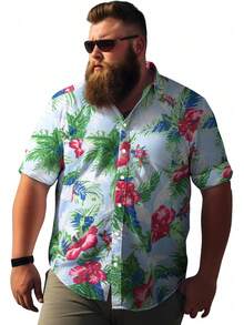 Big And Tall Men's Hawaiian Shirt - Short Sleeve, Tropical Floral Button Down Casual Summer Beach Shirthalloween - 綠色雞蛋花 - 查看 5