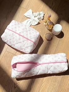 Bow Pattern Pink And Cute Quilted Makeup Bag,Hair Tool Pouch Organizer Bag,Large Capacity Travel Floral Cosmetic Bag Cute Pouch, Makeup Brushes Storage Bag For Women Autumn University Essentials Travel Essentials Holiday Vacation Travel Bag For Women Makeup Organizer Make Up Bag - Pink - View 2