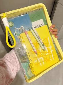 1 pieza Carpeta de archivo A4 transparente color macaron para volver a la escuela, gran capacidad para libros, bolsa de almacenamiento con cremallera, bolso impermeable, incluye color a juego - Multicolor - Ver 3