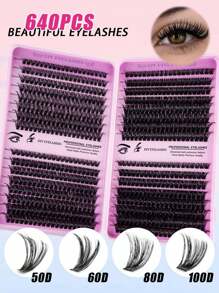 640 Pieces Of 10D+20D+30D+40D+50D+60D+80D+100D Fine Hammer Fixed Eyelash Extension Kit D Single Natural Volume Can Be Reused, Lightweight, Easy To Apply Eyelashes, Suitable For DIY Eyelash Extension