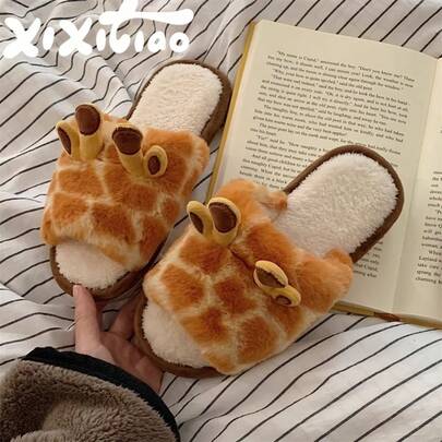 XIXITIAO Pantuflas de interior cálidas y esponjosas de estilo coreano para mujer en otoño/invierno, con diseño de jirafa de dibujos animados, pantuflas de casa transpirables