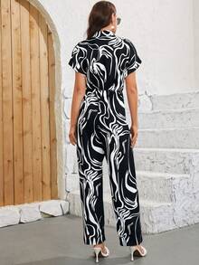 Conjunto De Mujer Con Camisa De Manga Corta Con Botones Delanteros,Monos Y Pantalones Anchos Casuales Vacaciones - Negro - Ver 2