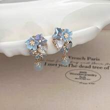New Chinese Style Ancient Light Luxury Blue  Pearl Geometric Flower Bowknot Earrings Sweet Exquisite Fresh Ear Jewelry - Hoa tai hình cầu zircon xanh - Xem 5
