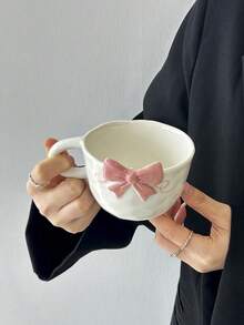 1pc Ins Style 3D Embossed Bowknot Ceramic Mug With Handle, Suitable For Coffee, Milk, Tea, Beverage, Gift For Family And Friends - Multicolor - View 6