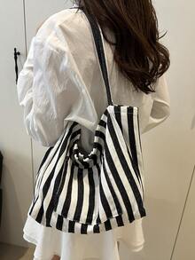 2026 New Retro Style Striped Canvas Bag, Large Capacity, Versatile Use, For Work, School And Outdoor Activities, Can Be Used As A Backpack - Apricot - View 7