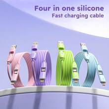 4-In-1 Liquid Silicone Multifunctional Super Fast Charging USB A/Type-C/Lightning LED Lighting Cable, Efficient Data Transfer Compatible With IPhone 16/15/14/13/12/11/Xs/Xr/8/7/6, S24 Ultra/S24/S23 Ultra/S23/S22/S21, Universal Data Cable Compatible With IPhone, Android, Camera, MP3 Universal Adapter Charger