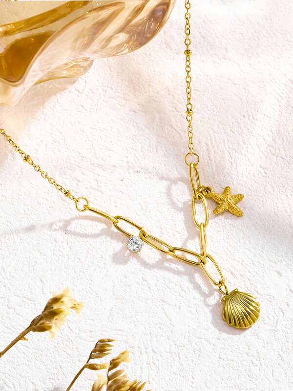 1 pieza Elegante collar corto de acero de titanio con decoración de concha marina, garra de cristal y estrella de mar, adecuado para el verano