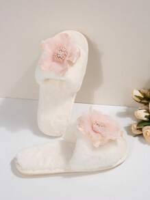 2025 New Floral Fluffy Slippers For Women, Flat Open Toe Non-Slip Indoor Outdoor Wear, Fur Slides With Chinese Style Bohemian Patch, Autumn/Winter