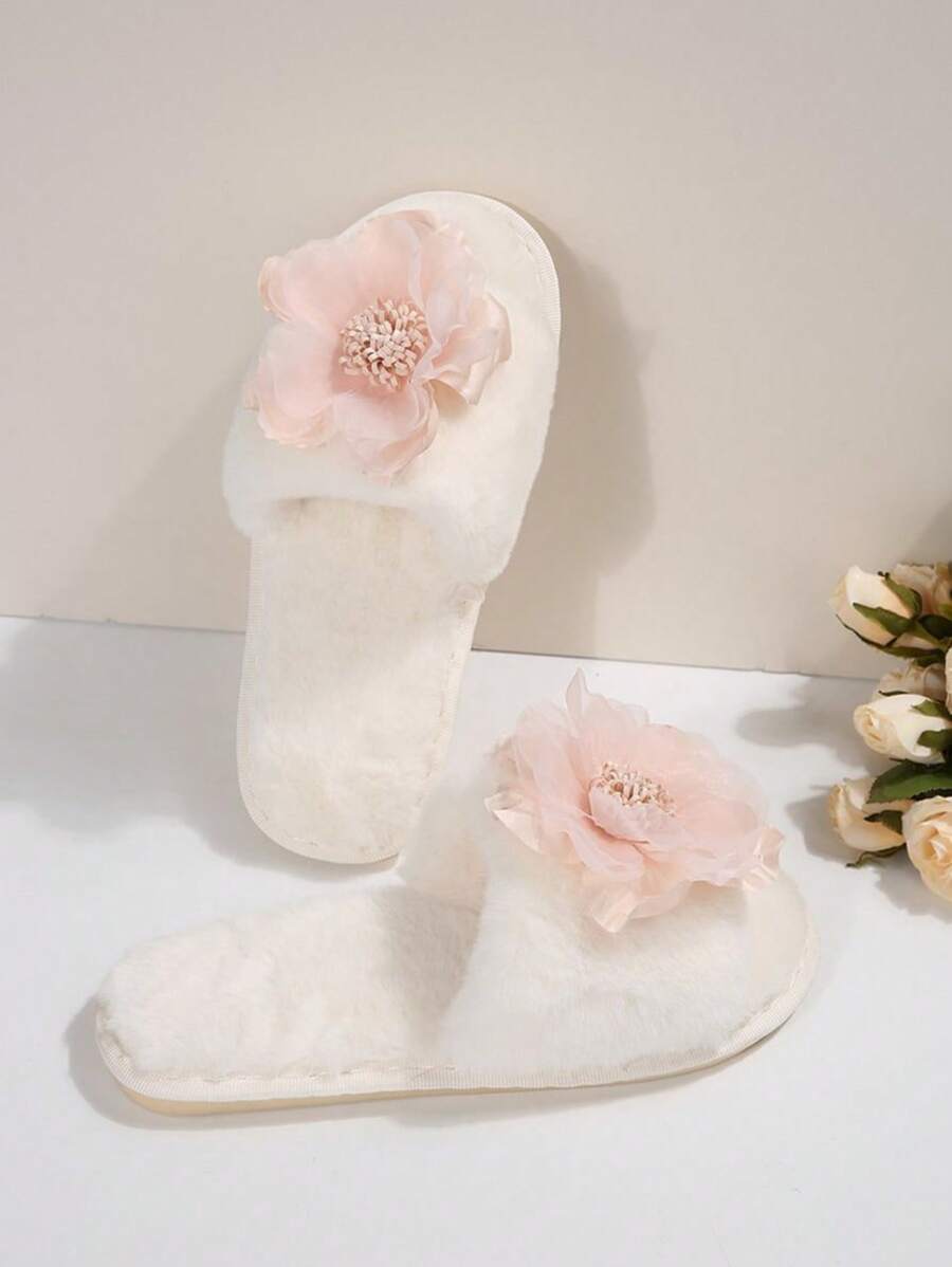 2025 New Floral Fluffy Slippers For Women, Flat Open Toe Non-Slip Indoor Outdoor Wear, Fur Slides With Chinese Style Bohemian Patch, Autumn/Winter