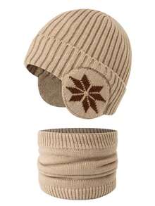 1件装雪花图案儿童护耳帽围巾套装，针织，保暖内衬，加厚，适合冬季户外骑行