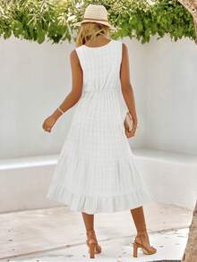 Vestido Tipo Chaleco A Cuadros Para Mujer, Con Cintura Elástica y Botones Delanteros, Vestido Largo Con Dobladillo Con Volantes. - Blanco - Ver 3