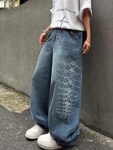 1 pieza Jeans de pierna ancha y ajuste holgado con bordado retro estilo americano, pantalones casuales de calle alta personalizados con remaches y perlas, unisex (cinturón y accesorios no incluidos) - Azul - Ver 6