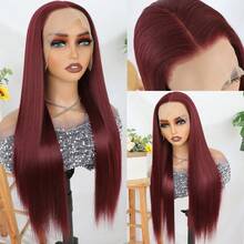 Purple Color Lace Front Wigs Pre Plucked Hairline Long Straight Wigs For Fashion Women Girls Party Daily Wear Glueless Dark Purple Lace Front Synthetic Wigs 13x4 Free Part Heat Resistant Fiber Hair 28 Inch 180% Density - 酒紅色 - 查看 6