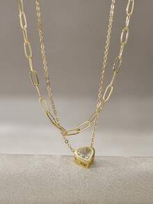 2 件套心形吊坠和回形针装饰双层女士项链（链条、扣环和珠子数量随机）