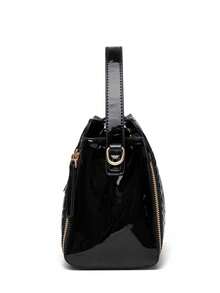 女士漆皮手提包，高品质内袋真皮水桶包，女士单肩包，奢侈品牌斜挎包，女士礼物 - 黑色 - 查看 3