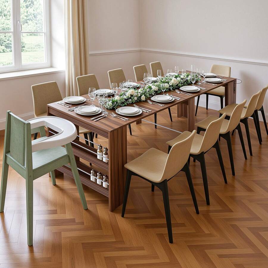 Advwin 118" Extendable Dining Table With Storage, Folding Multipurpose Table For 2-12 People, Modern Wooden Table For Meetings, Weddings, Office, Party - 棕色 - 查看 1