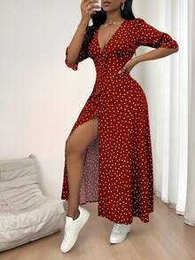 Elegante Vintage de la Mujer de puntos impresos con cuello en V Botón de Split Vestidos,Falda larga estampada de media manga - Rojo - Ver 3