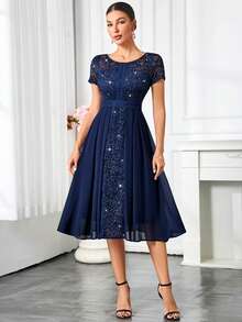 MIUSOL Sequin Floral Lace Contrast Chiffon Round Neck Pleated Hem Evening Party Long Dress Summer Elegant - Navy Blue - View 3