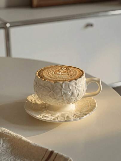1 PC French Vintage Cream Embossed Floral Highball Coffee Cup & Saucer Set - Latte Art Mug For Afternoon Tea - Unique Gift Idea