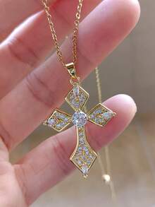 Nooxian 1 chiếc vòng cổ thánh giá bằng đồng Zirconia dành cho nữ - Vàng - Xem 5