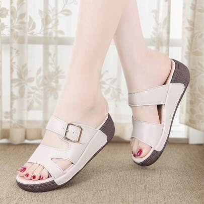 夏季新款厚底平底凉鞋女露趾一脚蹬沙滩防滑舒适老人轻便厚底系带中跟软底耐磨厚底