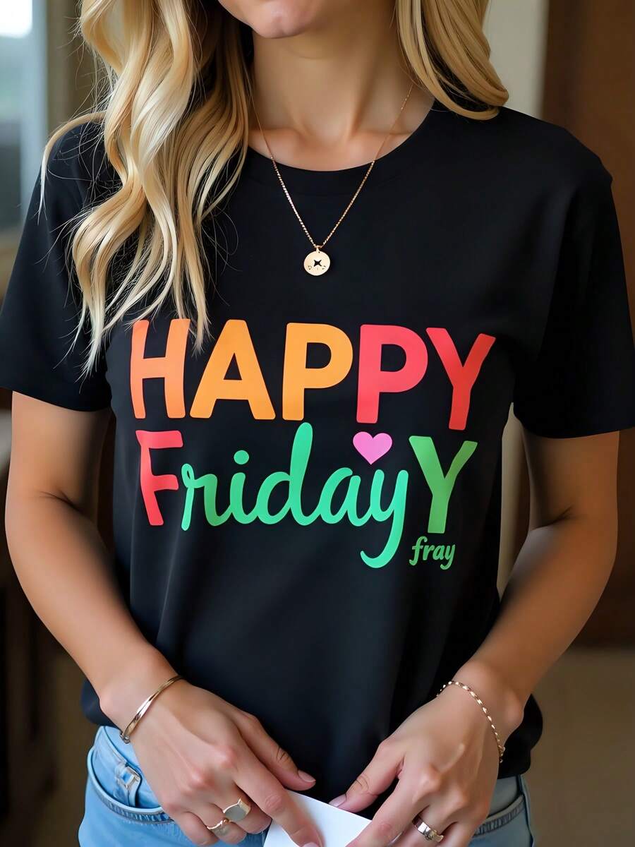 Camiseta de mujer 180g de algodón negro con estampado colorido "Happy Friday" - Diseño moderno, cuello redondo, manga corta cómoda - Ideal para un look casual, única en . - Negro - Ver 1