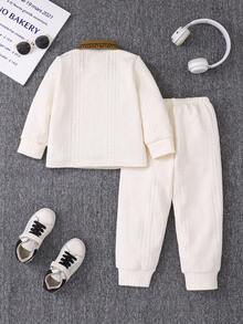 2pcs/Set Toddler Boys' Casual Style Apricot Long Sleeve Top And Pants Set, Collar, Textured Fabric, Embroidery, Suitable For Everyday, Casual, Vacation, Party, Spring/Autumn - Apricot - View 2