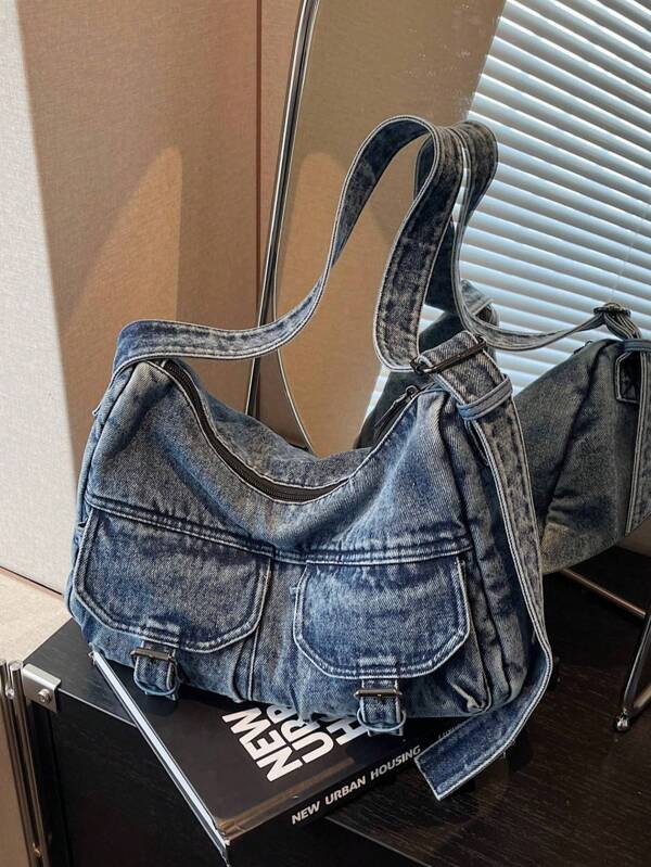 New Casual Chic Soft Jeans Shoulder Bag With Flap Pocket Design, Versatile Commuting Adjustable Shoulder Strap Crossbody Bag, Casual Student Bag, Suitable For Work Commuting, Shopping, Traveling And School.