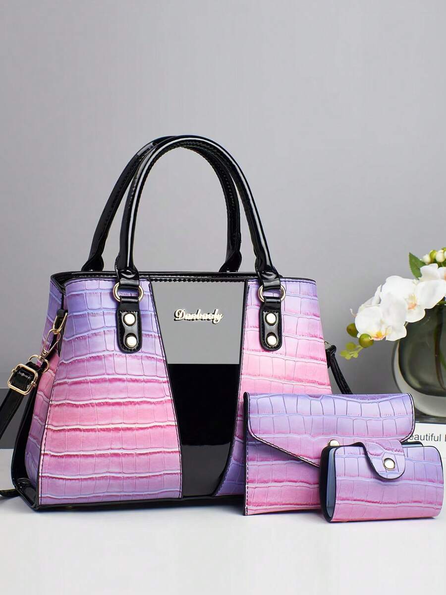 New 25-Year-Old Painted Stone Pattern Color-Matching Random Patterns European And American Fashionable Personalized Women's Handbag Three Pieces Set - Purple - View 1