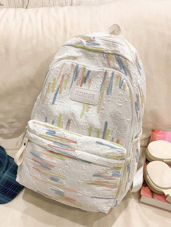Mochila Funcional Feminina com Estampa Listrada em Cores Contrastantes, Grande Capacidade de Armazenamento para Livros, Tablets, Alças de Ombro Ajustáveis, Adequado para Estudantes, Viagens, Férias